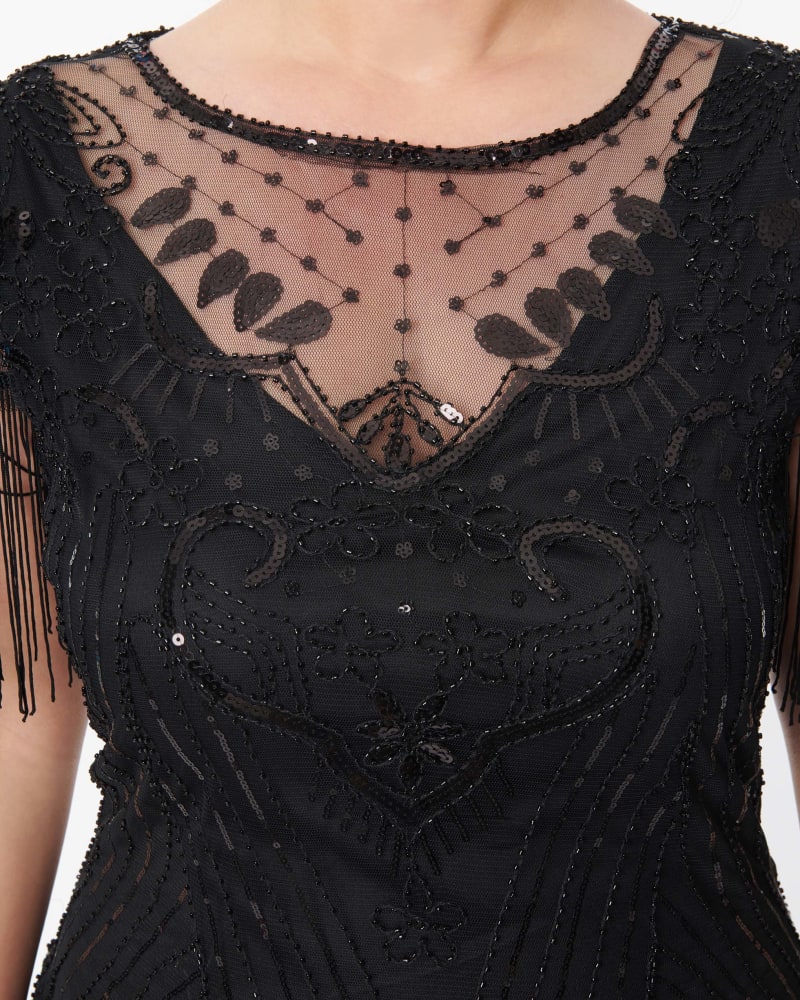 Unique Vintage 1920s Black Beaded Fringe Sleeve Nadine Flapper Dress